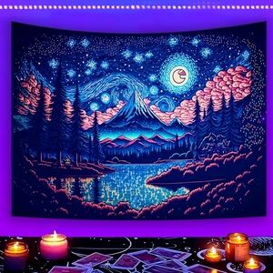 Starry Night Mountain Tapestry - Blue and Pink